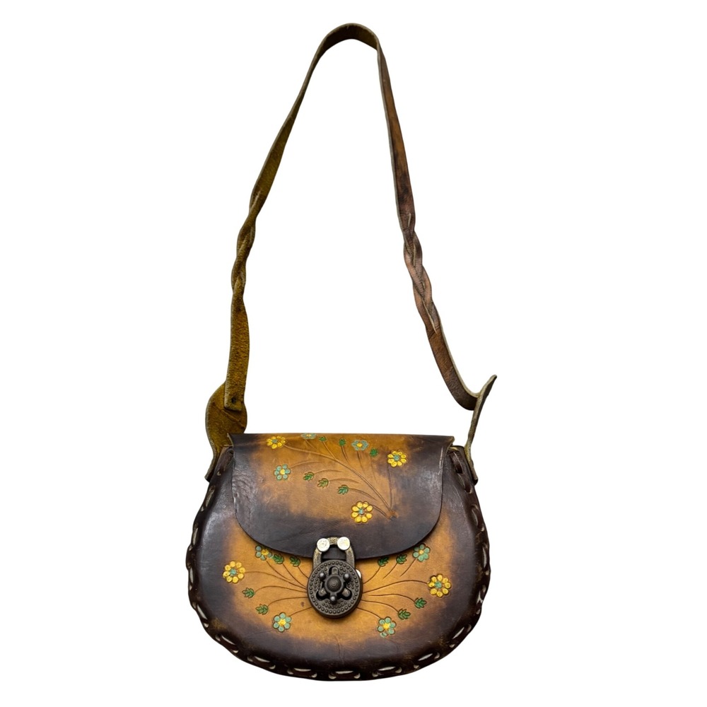 Vintage 70s Hand Tooled Leather Floral Crossbody Bag Brown Boho Hippie Purse